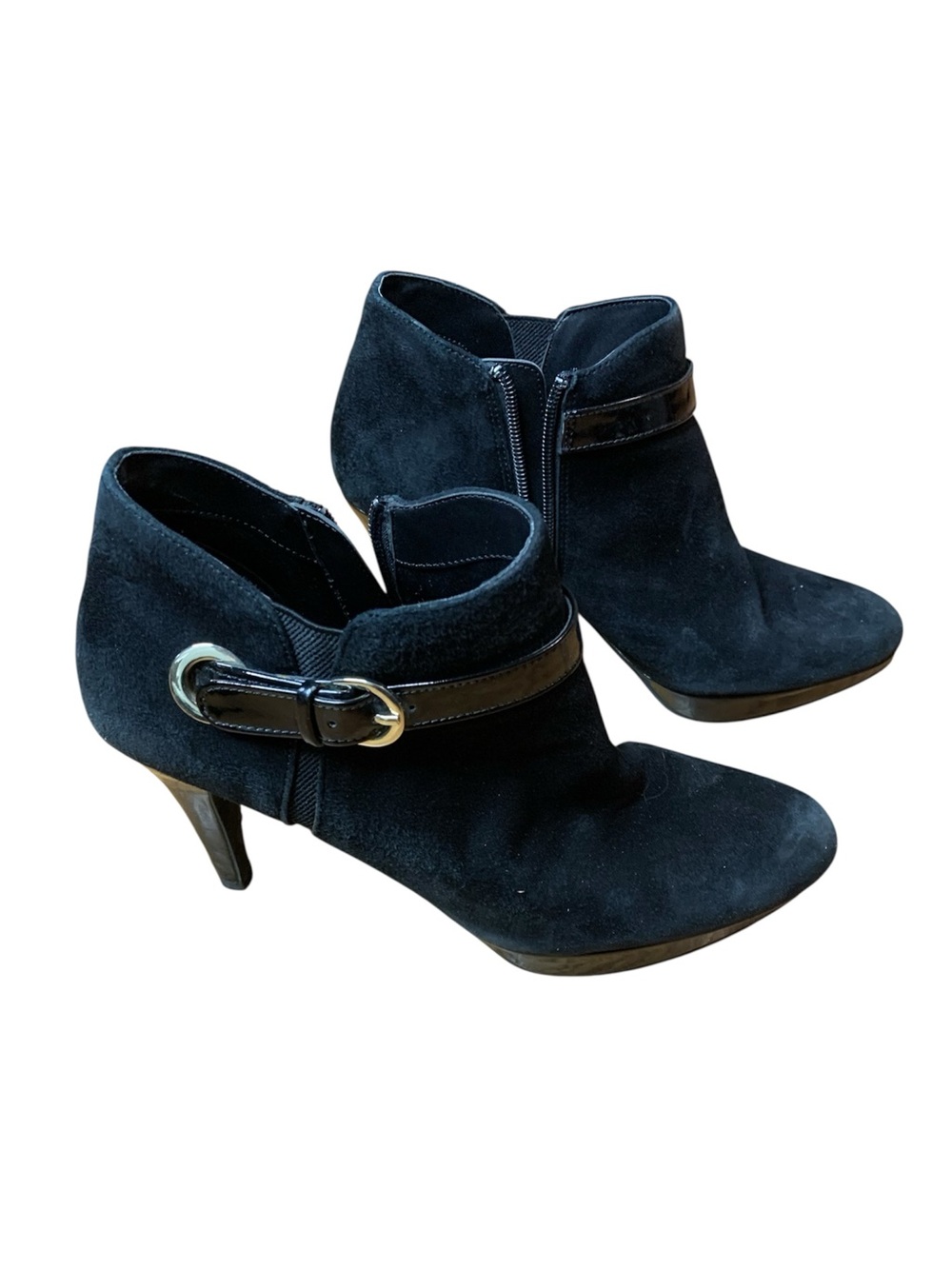 Bandolino Black Suede Carden Platform Heeled Booties Buckle Accent Size 8M